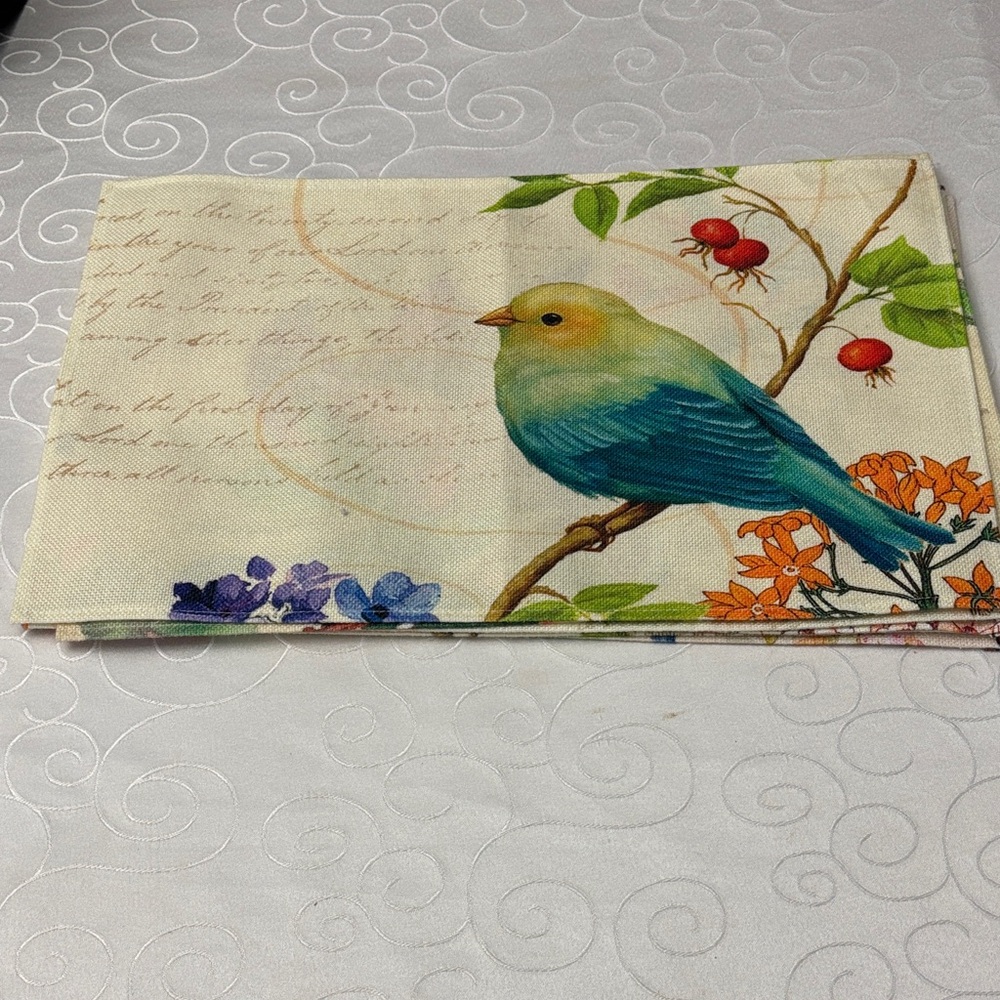 Vintage-style bird and floral pattern linen placemat. Set of 6